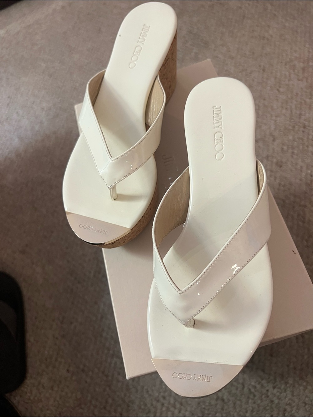 Jimmy Choo White Patent Wedge Thong Sandals with Cork Wedge